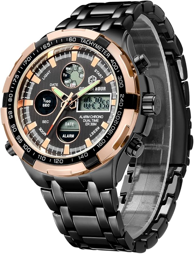 Luxury Stainless Steel Analog Digital Big Heavy Men Outdoor Sport Wristwatch