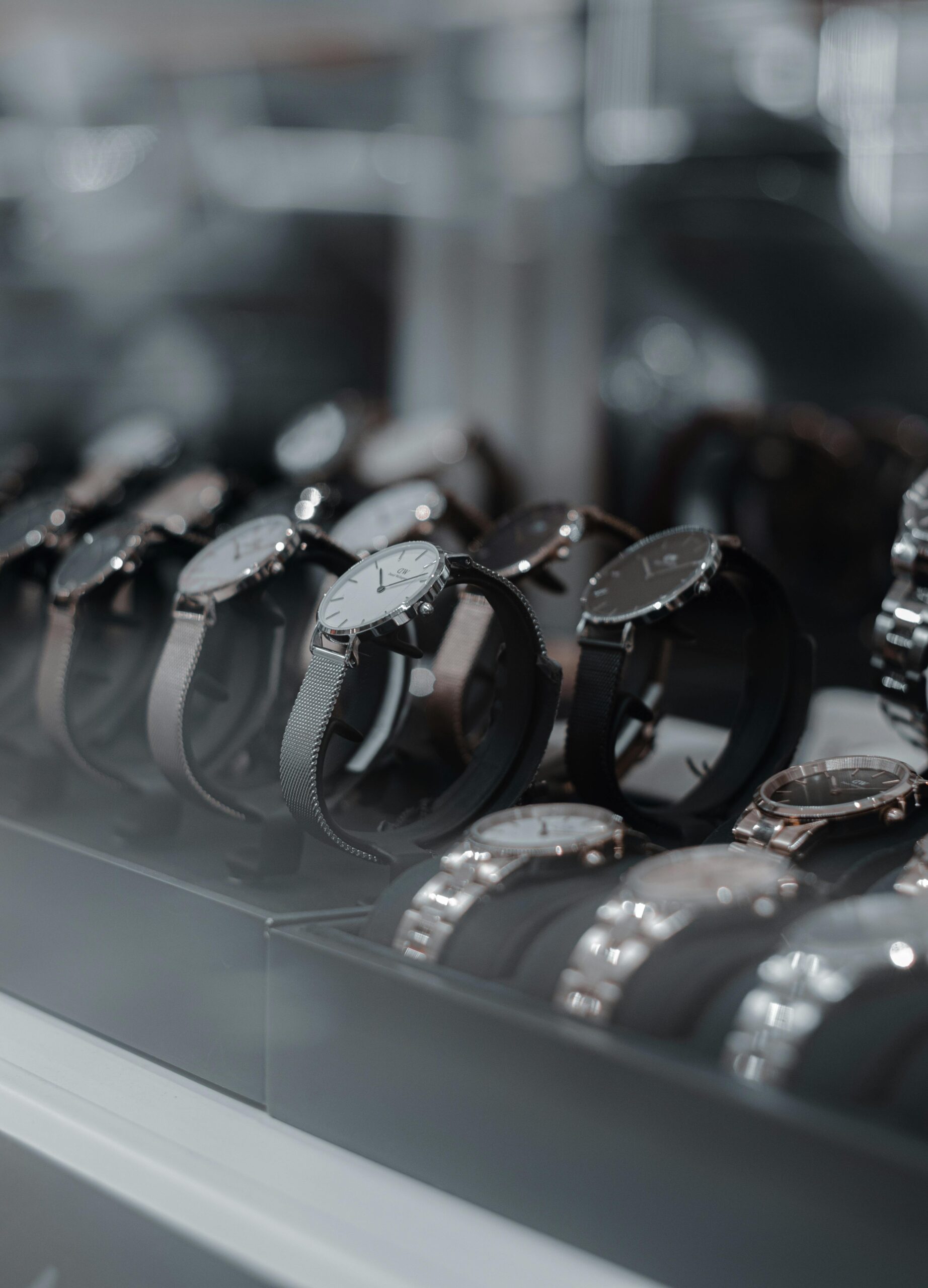 Minimalist wristwatches displayed in a modern jewelry store showcase with soft focus background.